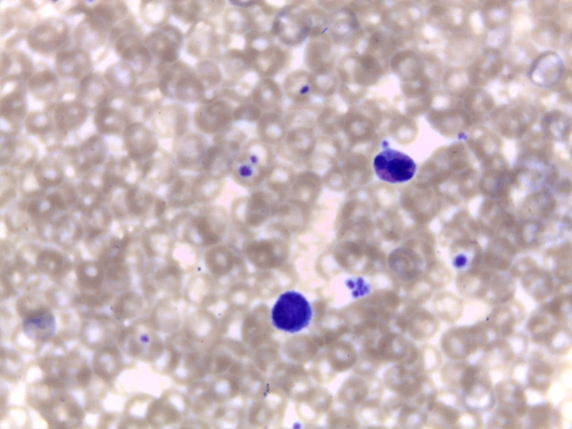 Canine Blood Smear — Uniform canine erythrocyte distribution with clear central biconcave zone